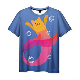 Мужская футболка 3D с принтом Кот русалка в Екатеринбурге, 100% полиэфир | прямой крой, круглый вырез горловины, длина до линии бедер | вода | кот | котик | море | розовый | русалка | рыжий | синий