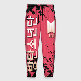 Мужские брюки 3D с принтом BTS в Екатеринбурге, 100% полиэстер | манжеты по низу, эластичный пояс регулируется шнурком, по бокам два кармана без застежек, внутренняя часть кармана из мелкой сетки | bts | бтс | группа | корейская | музыка | розовый | цветы | черный