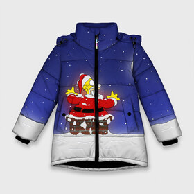 Зимняя куртка для девочек 3D с принтом Гомер Санта Клаус в Екатеринбурге, ткань верха — 100% полиэстер; подклад — 100% полиэстер, утеплитель — 100% полиэстер. | длина ниже бедра, удлиненная спинка, воротник стойка и отстегивающийся капюшон. Есть боковые карманы с листочкой на кнопках, утяжки по низу изделия и внутренний карман на молнии. 

Предусмотрены светоотражающий принт на спинке, радужный светоотражающий элемент на пуллере молнии и на резинке для утяжки. | bart | family | homer | lisa | maggie | marge | santa | simpson | simpsons | thesimpsons | барт | герой | гомер | город | лиза | мардж | мегги | санта | семья | симпсоны | супергерой