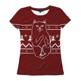 Женская футболка 3D с принтом Рождественский кот в Екатеринбурге, 100% полиэфир ( синтетическое хлопкоподобное полотно) | прямой крой, круглый вырез горловины, длина до линии бедер | 
