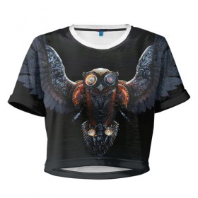 Женская футболка 3D укороченная с принтом Steampunk owl в Екатеринбурге, 100% полиэстер | круглая горловина, длина футболки до линии талии, рукава с отворотами | light | owl | steampunk | wings | крылья | перья | свет | сова | стимпанк