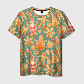 Мужская футболка 3D с принтом Новогодний имбирный пряник в Екатеринбурге, 100% полиэфир | прямой крой, круглый вырез горловины, длина до линии бедер | Тематика изображения на принте: 