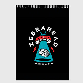 Скетчбук с принтом Zebrahead - Brain Invaders в Екатеринбурге, 100% бумага
 | 48 листов, плотность листов — 100 г/м2, плотность картонной обложки — 250 г/м2. Листы скреплены сверху удобной пружинной спиралью | Тематика изображения на принте: album | brain | core | invaders | mind | rapcore | rock | ufo | zebrahead | альбом | зебрахед | мозг