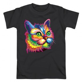 Мужская футболка хлопок с принтом Радужный кот в Екатеринбурге, 100% хлопок | прямой крой, круглый вырез горловины, длина до линии бедер, слегка спущенное плечо. | cat | cats | colourfully | rainbow | веселый кот | кот | котик | коша | радуга | радужная кошка | разноцветная