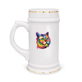 Кружка пивная с принтом Радужный кот в Екатеринбурге,  керамика (Материал выдерживает высокую температуру, стоит избегать резкого перепада температур) |  объем 630 мл | cat | cats | colourfully | rainbow | веселый кот | кот | котик | коша | радуга | радужная кошка | разноцветная