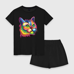 Женская пижама с шортиками хлопок с принтом Радужный кот в Екатеринбурге, 100% хлопок | футболка прямого кроя, шорты свободные с широкой мягкой резинкой | cat | cats | colourfully | rainbow | веселый кот | кот | котик | коша | радуга | радужная кошка | разноцветная
