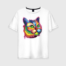 Женская футболка хлопок Oversize с принтом Радужный кот в Екатеринбурге, 100% хлопок | свободный крой, круглый ворот, спущенный рукав, длина до линии бедер
 | cat | cats | colourfully | rainbow | веселый кот | кот | котик | коша | радуга | радужная кошка | разноцветная