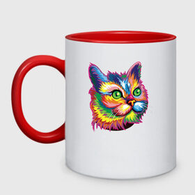 Кружка двухцветная с принтом Радужный кот в Екатеринбурге, керамика | объем — 330 мл, диаметр — 80 мм. Цветная ручка и кайма сверху, в некоторых цветах — вся внутренняя часть | cat | cats | colourfully | rainbow | веселый кот | кот | котик | коша | радуга | радужная кошка | разноцветная