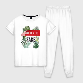 Женская пижама хлопок с принтом Fake в Екатеринбурге, 100% хлопок | брюки и футболка прямого кроя, без карманов, на брюках мягкая резинка на поясе и по низу штанин | fake | надпись | подделка | растения | тропики