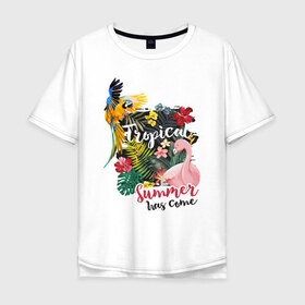 Мужская футболка хлопок Oversize с принтом Тропики в Екатеринбурге, 100% хлопок | свободный крой, круглый ворот, “спинка” длиннее передней части | попугай | растения | тропики | фламинго