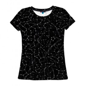 Женская футболка 3D с принтом Созвездия знаков зодиака в Екатеринбурге, 100% полиэфир ( синтетическое хлопкоподобное полотно) | прямой крой, круглый вырез горловины, длина до линии бедер | астролог | астрология | все | гороскоп | звезда | звезды | зодиак | космос | небо | паттерн | созвездие | черный