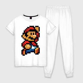 Женская пижама хлопок с принтом Супер Марио в Екатеринбурге, 100% хлопок | брюки и футболка прямого кроя, без карманов, на брюках мягкая резинка на поясе и по низу штанин | 8 бит | 8bit | 8бит | bit | dendy | game | mario | pixel | super mario | денди | марио | пиксель | супер марио