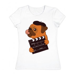 Женская футболка хлопок с принтом Режиссёр Мопс в Екатеринбурге, 100% хлопок | прямой крой, круглый вырез горловины, длина до линии бедер, слегка спущенное плечо | дубль | кино | мопс | режиссер | собака | собаки | фильмы