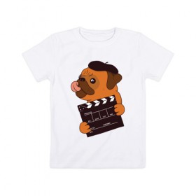 Детская футболка хлопок с принтом Режиссёр Мопс в Екатеринбурге, 100% хлопок | круглый вырез горловины, полуприлегающий силуэт, длина до линии бедер | дубль | кино | мопс | режиссер | собака | собаки | фильмы