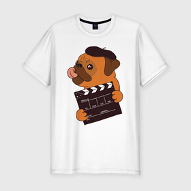 Мужская футболка хлопок Slim с принтом Режиссёр Мопс в Екатеринбурге, 92% хлопок, 8% лайкра | приталенный силуэт, круглый вырез ворота, длина до линии бедра, короткий рукав | Тематика изображения на принте: дубль | кино | мопс | режиссер | собака | собаки | фильмы