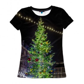Женская футболка 3D с принтом Рождественская елка в Екатеринбурге, 100% полиэфир ( синтетическое хлопкоподобное полотно) | прямой крой, круглый вырез горловины, длина до линии бедер | 