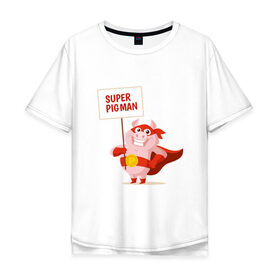 Мужская футболка хлопок Oversize с принтом Super Pigman в Екатеринбурге, 100% хлопок | свободный крой, круглый ворот, “спинка” длиннее передней части | 2019 | дед мороз | дом | елка | желание | животные | зима | кабан | милый | мороз | настроение | новый год | пеппа | подарок | позитив | поросенок | праздник | радость | рождество | санта клаус | свинка