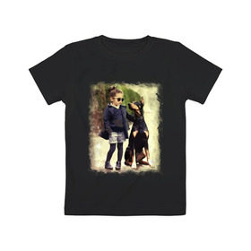 Детская футболка хлопок с принтом Девочка и доберман в Екатеринбурге, 100% хлопок | круглый вырез горловины, полуприлегающий силуэт, длина до линии бедер | девочка | доберман | дружба | животные | собака