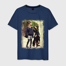 Мужская футболка хлопок с принтом Девочка и доберман в Екатеринбурге, 100% хлопок | прямой крой, круглый вырез горловины, длина до линии бедер, слегка спущенное плечо. | девочка | доберман | дружба | животные | собака
