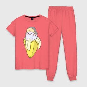 Женская пижама хлопок с принтом Бананька в Екатеринбурге, 100% хлопок | брюки и футболка прямого кроя, без карманов, на брюках мягкая резинка на поясе и по низу штанин | anime | bananya | cat | neko | аниме | бананька | кот