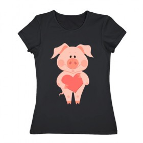 Женская футболка хлопок с принтом Love Pig в Екатеринбурге, 100% хлопок | прямой крой, круглый вырез горловины, длина до линии бедер, слегка спущенное плечо | 2019 | дед мороз | дом | елка | желание | животные | зима | кабан | милый | мороз | настроение | новый год | пеппа | подарок | позитив | поросенок | праздник | радость | рождество | санта клаус | свинка