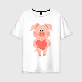 Женская футболка хлопок Oversize с принтом Love Pig в Екатеринбурге, 100% хлопок | свободный крой, круглый ворот, спущенный рукав, длина до линии бедер
 | 2019 | дед мороз | дом | елка | желание | животные | зима | кабан | милый | мороз | настроение | новый год | пеппа | подарок | позитив | поросенок | праздник | радость | рождество | санта клаус | свинка