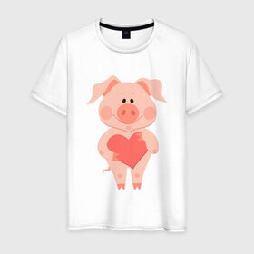 Мужская футболка хлопок с принтом Love Pig в Екатеринбурге, 100% хлопок | прямой крой, круглый вырез горловины, длина до линии бедер, слегка спущенное плечо. | Тематика изображения на принте: 2019 | дед мороз | дом | елка | желание | животные | зима | кабан | милый | мороз | настроение | новый год | пеппа | подарок | позитив | поросенок | праздник | радость | рождество | санта клаус | свинка