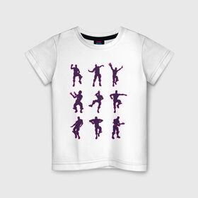 Детская футболка хлопок с принтом Fortnite dance в Екатеринбурге, 100% хлопок | круглый вырез горловины, полуприлегающий силуэт, длина до линии бедер | Тематика изображения на принте: battle | dancer | royale | игрок | контур | силуэты | танец | танцор
