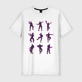 Мужская футболка хлопок Slim с принтом Fortnite dance  в Екатеринбурге, 92% хлопок, 8% лайкра | приталенный силуэт, круглый вырез ворота, длина до линии бедра, короткий рукав | battle | dancer | royale | игрок | контур | силуэты | танец | танцор