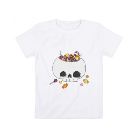Детская футболка хлопок с принтом Череп с конфетами в Екатеринбурге, 100% хлопок | круглый вырез горловины, полуприлегающий силуэт, длина до линии бедер | голова | конфеты | кость | леденцы | скальп | скальпель | сладости | ужасы | хоррор | череп | черепок