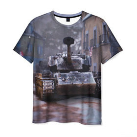 Мужская футболка 3D с принтом Танк в засаде в Екатеринбурге, 100% полиэфир | прямой крой, круглый вырез горловины, длина до линии бедер | Тематика изображения на принте: 9 мая | cs | winner | wot | армия | бронетехника | вов | день победы | зима | игра | контра | оружие | победитель | танки | танки онлайн | танкист | танковые войска
