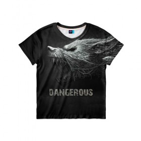 Детская футболка 3D с принтом Опасный волк в Екатеринбурге, 100% гипоаллергенный полиэфир | прямой крой, круглый вырез горловины, длина до линии бедер, чуть спущенное плечо, ткань немного тянется | арт | волк | животные | зубы | опасный | оскал | рычит | собака | хищник | чудовище
