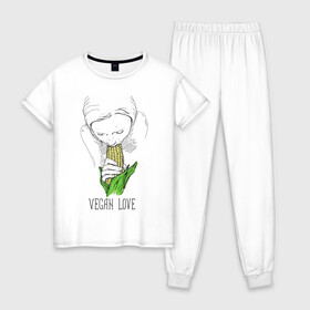 Женская пижама хлопок с принтом Vegan Love в Екатеринбурге, 100% хлопок | брюки и футболка прямого кроя, без карманов, на брюках мягкая резинка на поясе и по низу штанин | веганство | вегетарианство | здоровье | зелень | кукуруза | любовь | овощ | овощи | растение