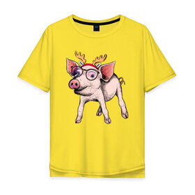 Мужская футболка хлопок Oversize с принтом Свинья Олень в Екатеринбурге, 100% хлопок | свободный крой, круглый ворот, “спинка” длиннее передней части | зима | новый год | олени | свинка | свинья