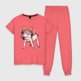 Женская пижама хлопок с принтом Свинья Олень в Екатеринбурге, 100% хлопок | брюки и футболка прямого кроя, без карманов, на брюках мягкая резинка на поясе и по низу штанин | зима | новый год | олени | свинка | свинья
