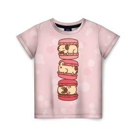 Детская футболка 3D с принтом Мопс Макарун в Екатеринбурге, 100% гипоаллергенный полиэфир | прямой крой, круглый вырез горловины, длина до линии бедер, чуть спущенное плечо, ткань немного тянется | pug | десерт | мопс | пирожное | сладость