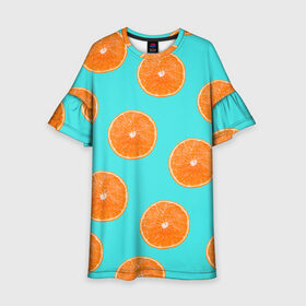 Детское платье 3D с принтом Апельсины в Екатеринбурге, 100% полиэстер | прямой силуэт, чуть расширенный к низу. Круглая горловина, на рукавах — воланы | апельсин | апельсины | грейпфрукт | грейпфрут | разрез | сочный | фрукт