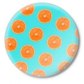 Значок с принтом Апельсины в Екатеринбурге,  металл | круглая форма, металлическая застежка в виде булавки | Тематика изображения на принте: апельсин | апельсины | грейпфрукт | грейпфрут | разрез | сочный | фрукт