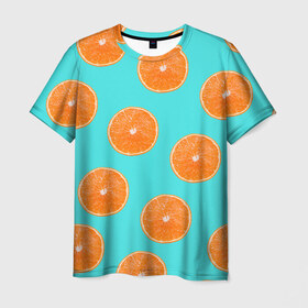 Мужская футболка 3D с принтом Апельсины в Екатеринбурге, 100% полиэфир | прямой крой, круглый вырез горловины, длина до линии бедер | Тематика изображения на принте: апельсин | апельсины | грейпфрукт | грейпфрут | разрез | сочный | фрукт