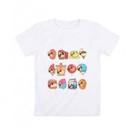 Детская футболка хлопок с принтом Мопсы в Екатеринбурге, 100% хлопок | круглый вырез горловины, полуприлегающий силуэт, длина до линии бедер | cockie | fastfood | junkfood | pug | еда | мороженое | печенье | печеньки | пироженое | собака | фастфуд