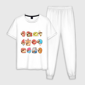 Мужская пижама хлопок с принтом Мопсы в Екатеринбурге, 100% хлопок | брюки и футболка прямого кроя, без карманов, на брюках мягкая резинка на поясе и по низу штанин
 | Тематика изображения на принте: cockie | fastfood | junkfood | pug | еда | мороженое | печенье | печеньки | пироженое | собака | фастфуд