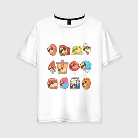 Женская футболка хлопок Oversize с принтом Мопсы в Екатеринбурге, 100% хлопок | свободный крой, круглый ворот, спущенный рукав, длина до линии бедер
 | cockie | fastfood | junkfood | pug | еда | мороженое | печенье | печеньки | пироженое | собака | фастфуд