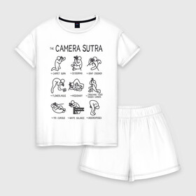 Женская пижама с шортиками хлопок с принтом The camera sutra в Екатеринбурге, 100% хлопок | футболка прямого кроя, шорты свободные с широкой мягкой резинкой | kamasutra | выдержка | позы | фотка | фото | фотоаппарат | фотограф | фотография | фотосессия | штатив | экспозиция