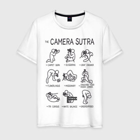 Мужская футболка хлопок с принтом The camera sutra в Екатеринбурге, 100% хлопок | прямой крой, круглый вырез горловины, длина до линии бедер, слегка спущенное плечо. | kamasutra | выдержка | позы | фотка | фото | фотоаппарат | фотограф | фотография | фотосессия | штатив | экспозиция