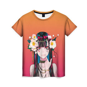 Женская футболка 3D с принтом Девушка - сакура в Екатеринбурге, 100% полиэфир ( синтетическое хлопкоподобное полотно) | прямой крой, круглый вырез горловины, длина до линии бедер | anime | аниме | анимешница | девушка | иллюстрация | милая | мультик | сакура | тян | тянка | цветы
