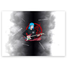 Поздравительная открытка с принтом Sally Face with a Guitar в Екатеринбурге, 100% бумага | плотность бумаги 280 г/м2, матовая, на обратной стороне линовка и место для марки
 | fisher | larry johnson | mask | sally  face | sally fisher | sallyface | демоны | духи | маска | пентаграмма | призраки | рок | салли | салли фейс | салли фишер | фейс | шепот