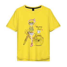 Мужская футболка хлопок Oversize с принтом Девушка с котиком в Екатеринбурге, 100% хлопок | свободный крой, круглый ворот, “спинка” длиннее передней части | велосипед | девочка | девушкам | кошки | красивая 