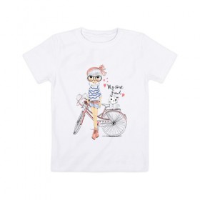 Детская футболка хлопок с принтом Девушка с котиком в Екатеринбурге, 100% хлопок | круглый вырез горловины, полуприлегающий силуэт, длина до линии бедер | велосипед | девочка | девушкам | кошки | красивая 