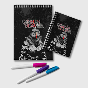 Блокнот с принтом Goblin Slayer в Екатеринбурге, 100% бумага | 48 листов, плотность листов — 60 г/м2, плотность картонной обложки — 250 г/м2. Листы скреплены удобной пружинной спиралью. Цвет линий — светло-серый
 | ahegao | anime | armor | blood | goblin | knight | manga | slayer | аниме | ахегао | гоблин | гоблинов | гоблины | доспехи | жрица | кровища | кровь | манга | мульт | мультик | ранобэ | рыцарь | сериал