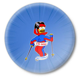 Значок с принтом Нед Фландерс Симпсоны в Екатеринбурге,  металл | круглая форма, металлическая застежка в виде булавки | simpsons | зима | лыжник | недфландерс | симпсоны | спорт | фландерс